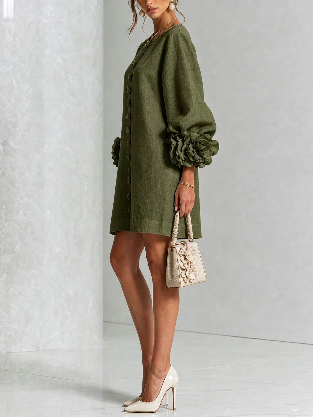 Brune | Short Linen Blend Dress with Puff Sleeves