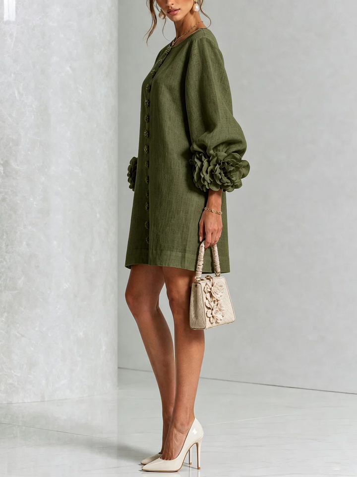 Brune | Short Linen Blend Dress with Puff Sleeves