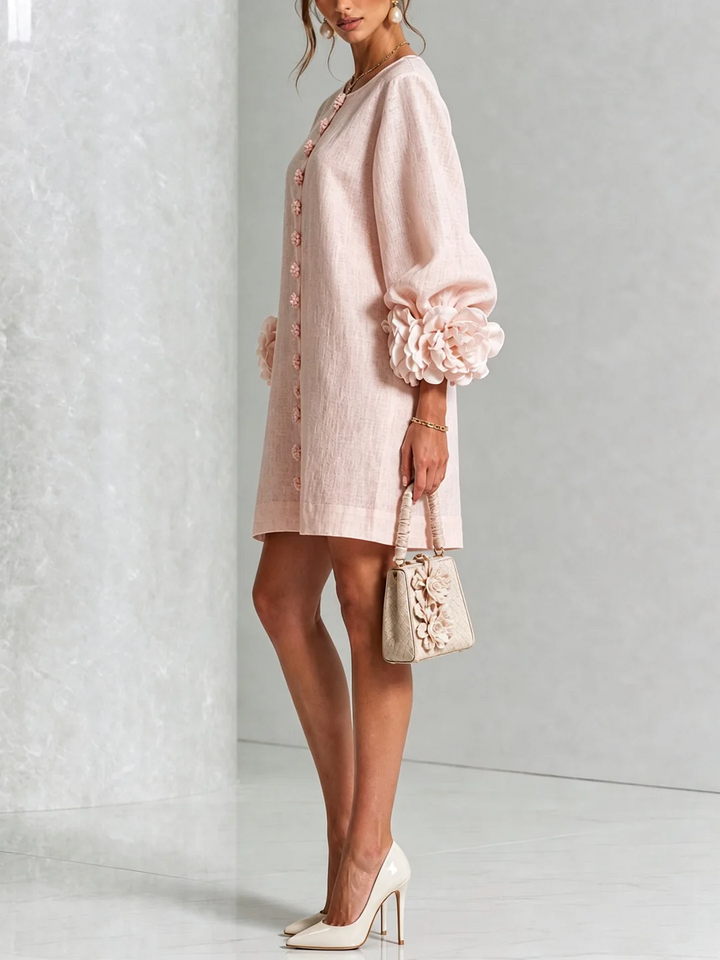 Brune | Short Linen Blend Dress with Puff Sleeves