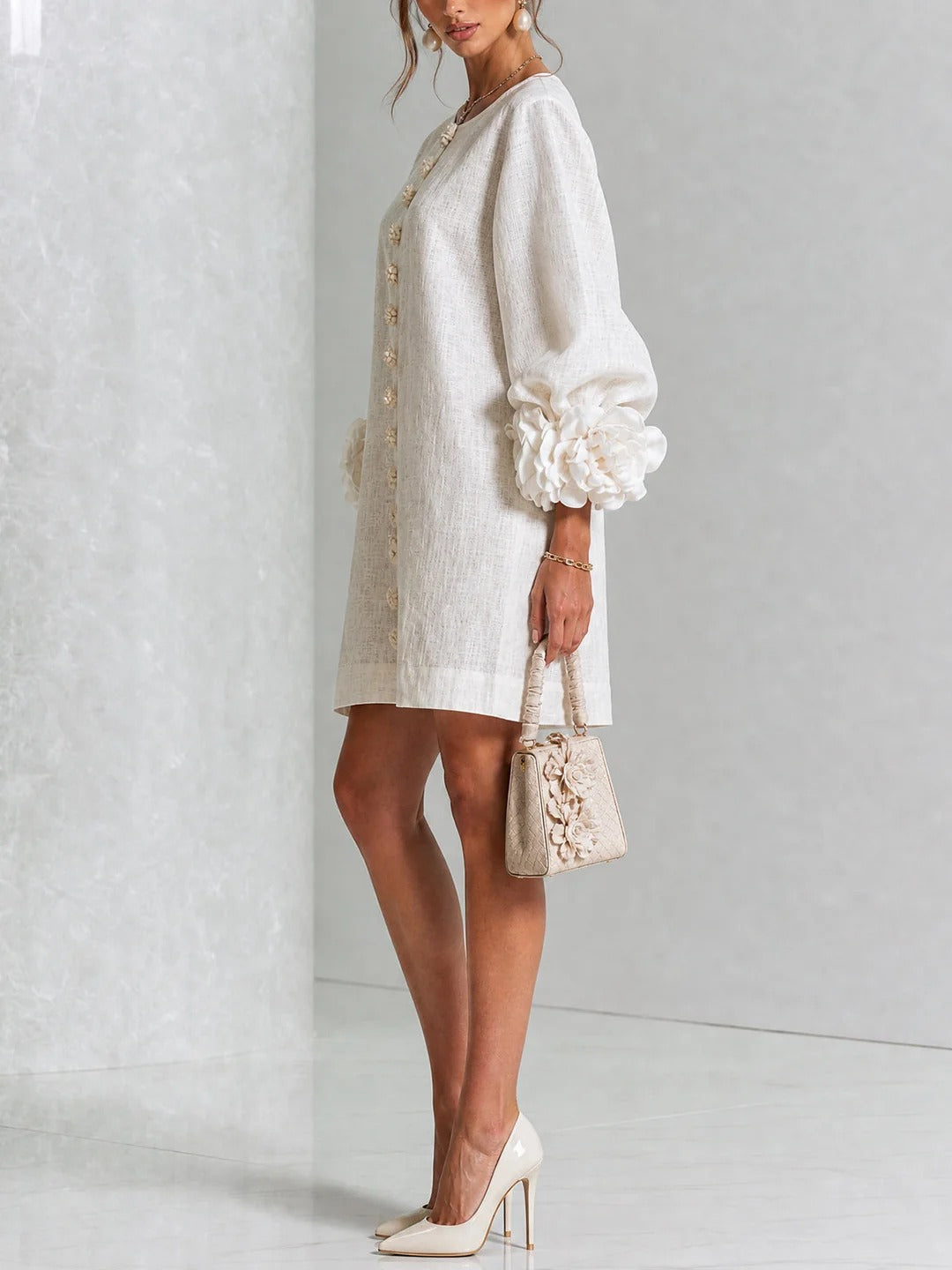 Brune | Short Linen Blend Dress with Puff Sleeves