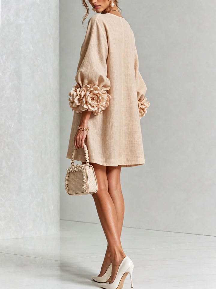 Brune | Short Linen Blend Dress with Puff Sleeves