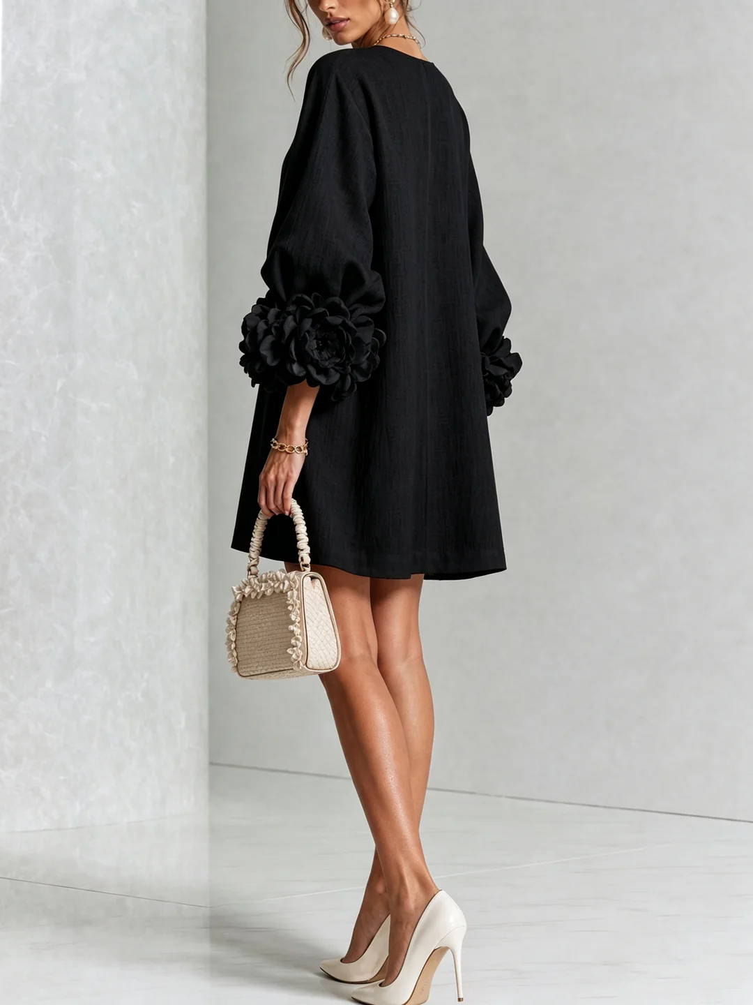 Brune | Short Linen Blend Dress with Puff Sleeves