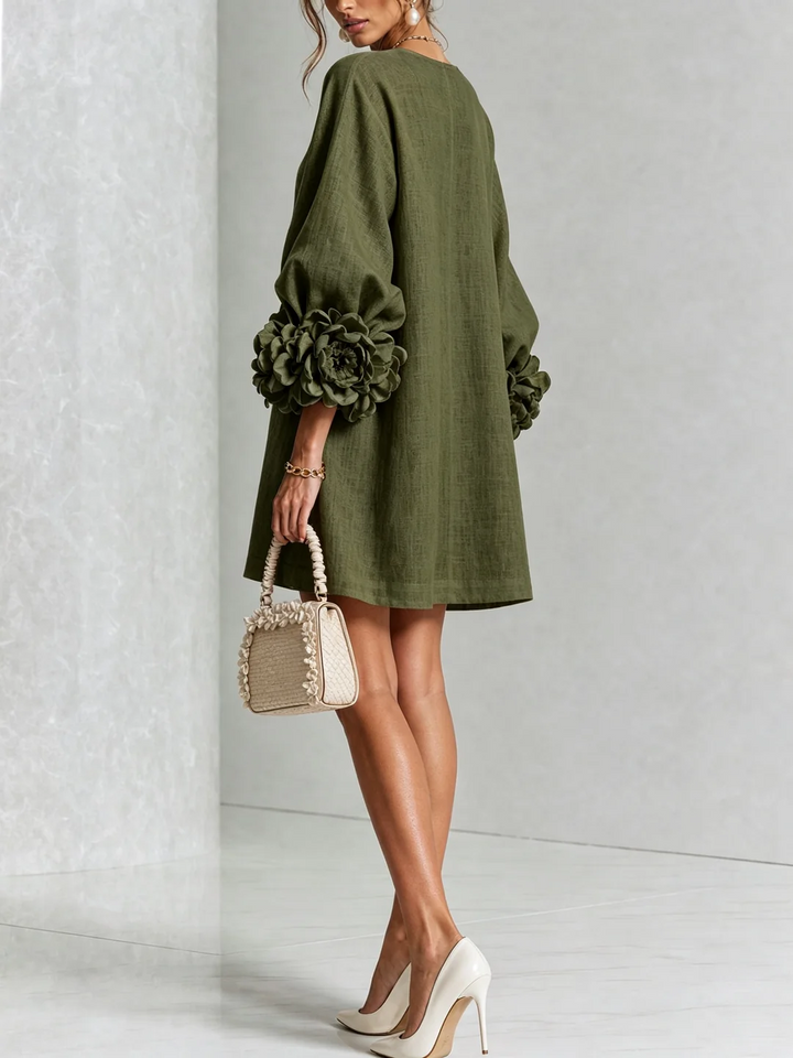 Brune | Short Linen Blend Dress with Puff Sleeves
