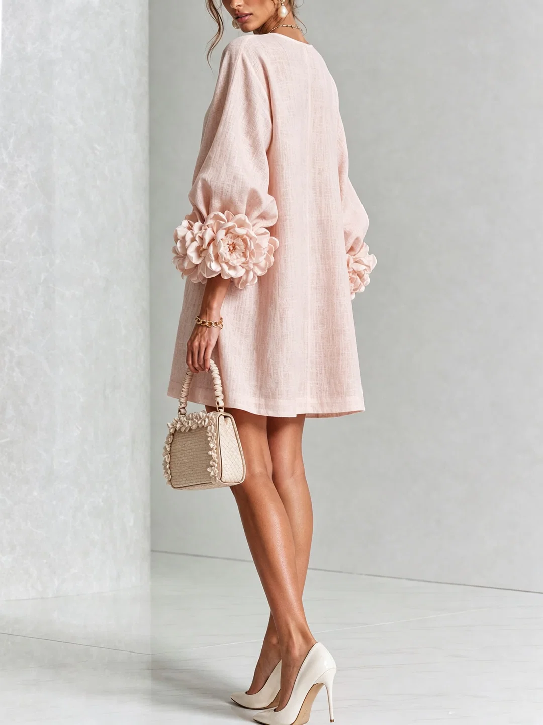 Brune | Short Linen Blend Dress with Puff Sleeves