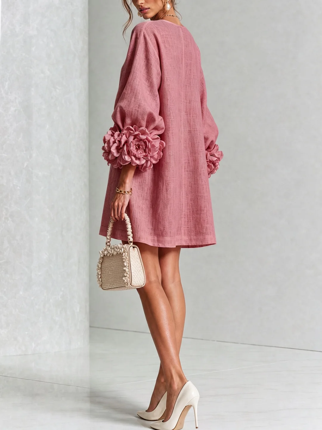 Brune | Short Linen Blend Dress with Puff Sleeves