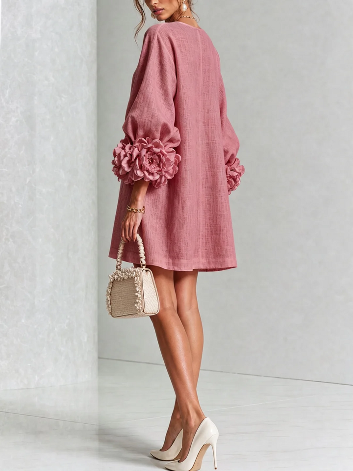 Brune | Short Linen Blend Dress with Puff Sleeves