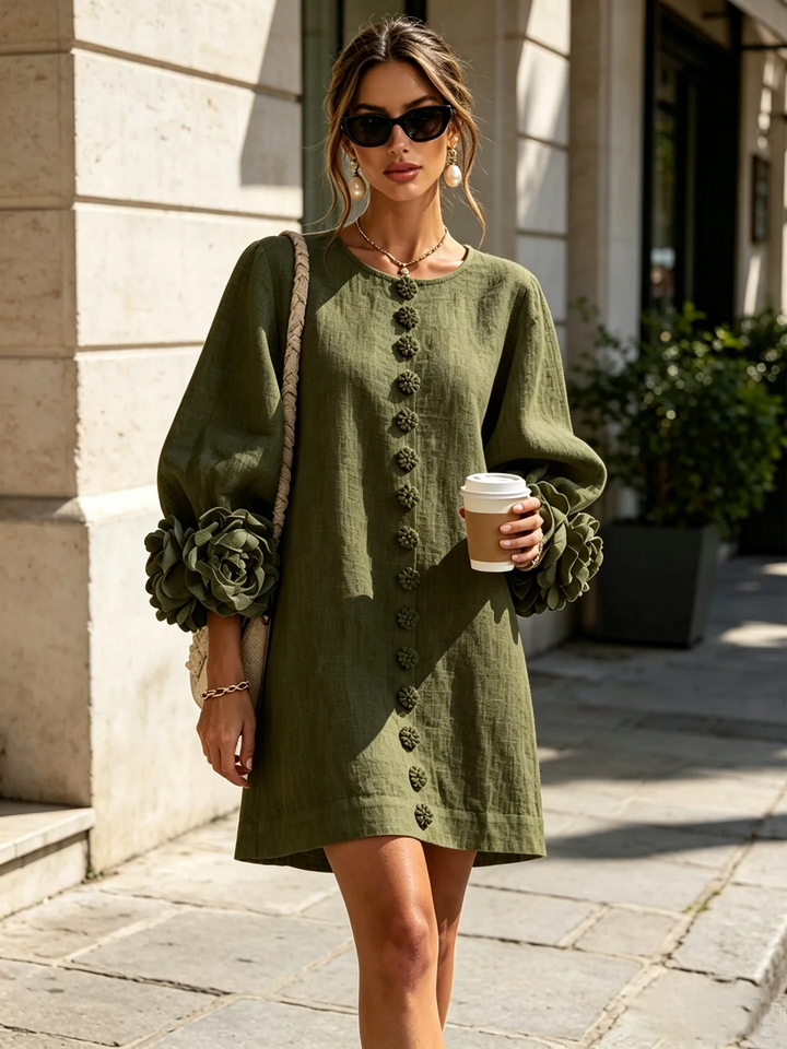 Brune | Short Linen Blend Dress with Puff Sleeves