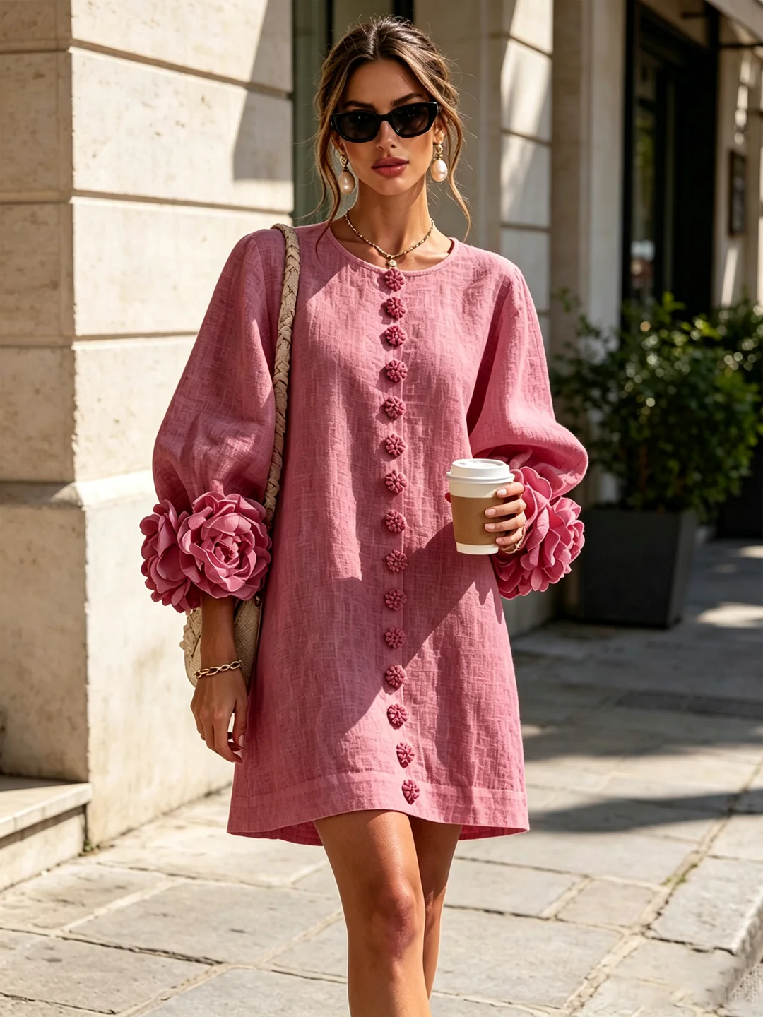 Brune | Short Linen Blend Dress with Puff Sleeves