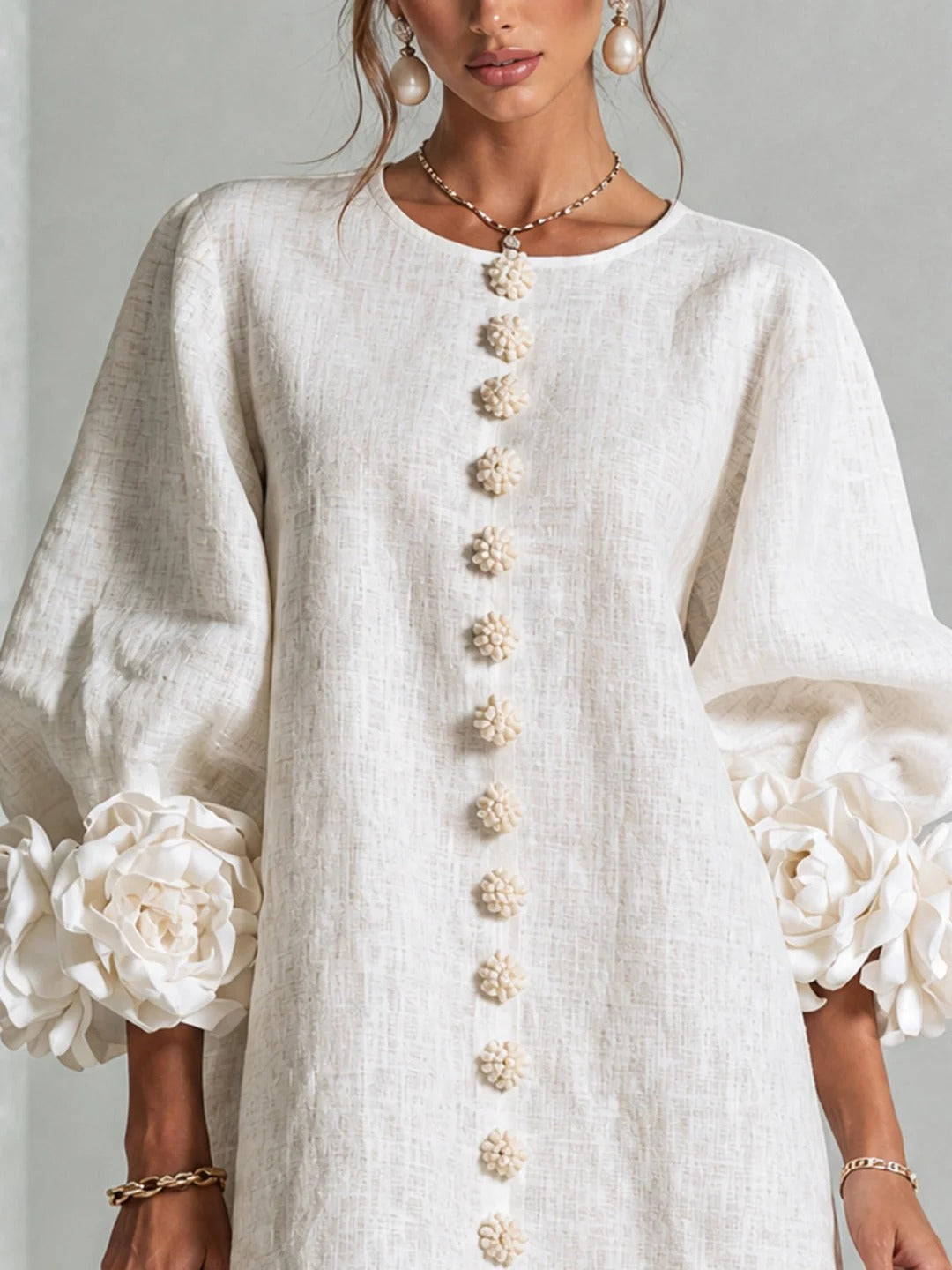 Brune | Short Linen Blend Dress with Puff Sleeves