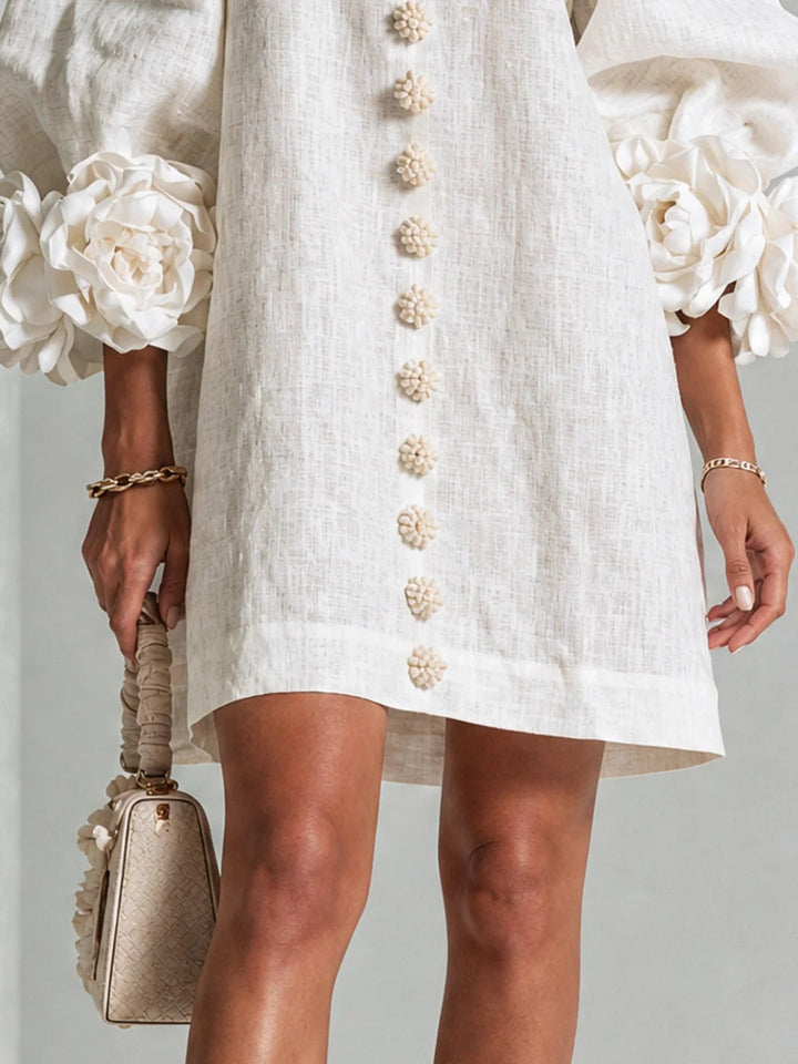 Brune | Short Linen Blend Dress with Puff Sleeves