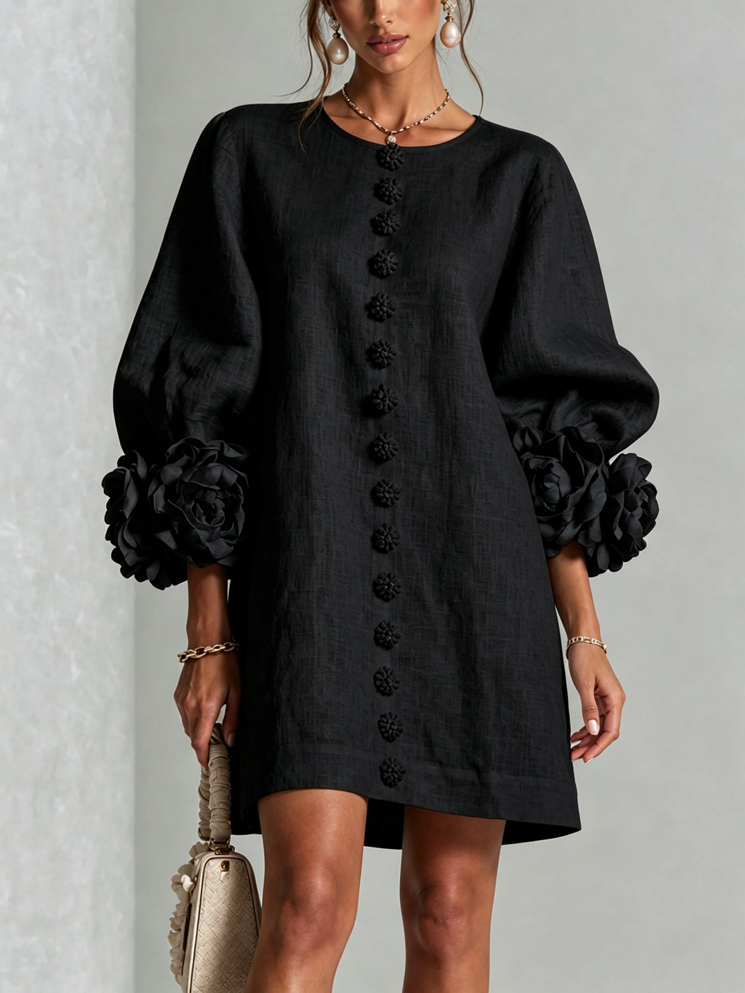 Brune | Short Linen Blend Dress with Puff Sleeves