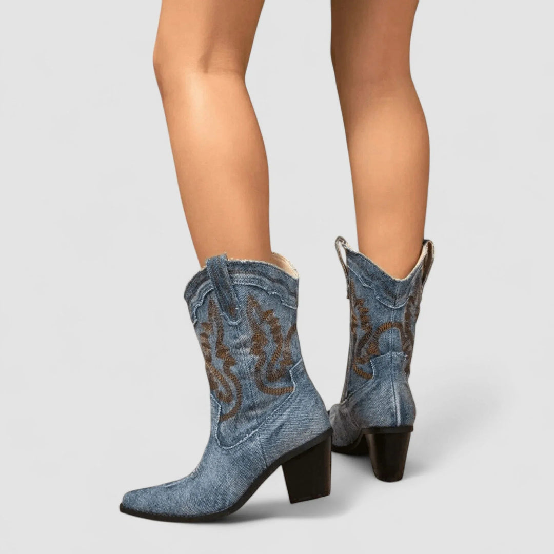 Selena | Denim Ankle Boots with Block Heel