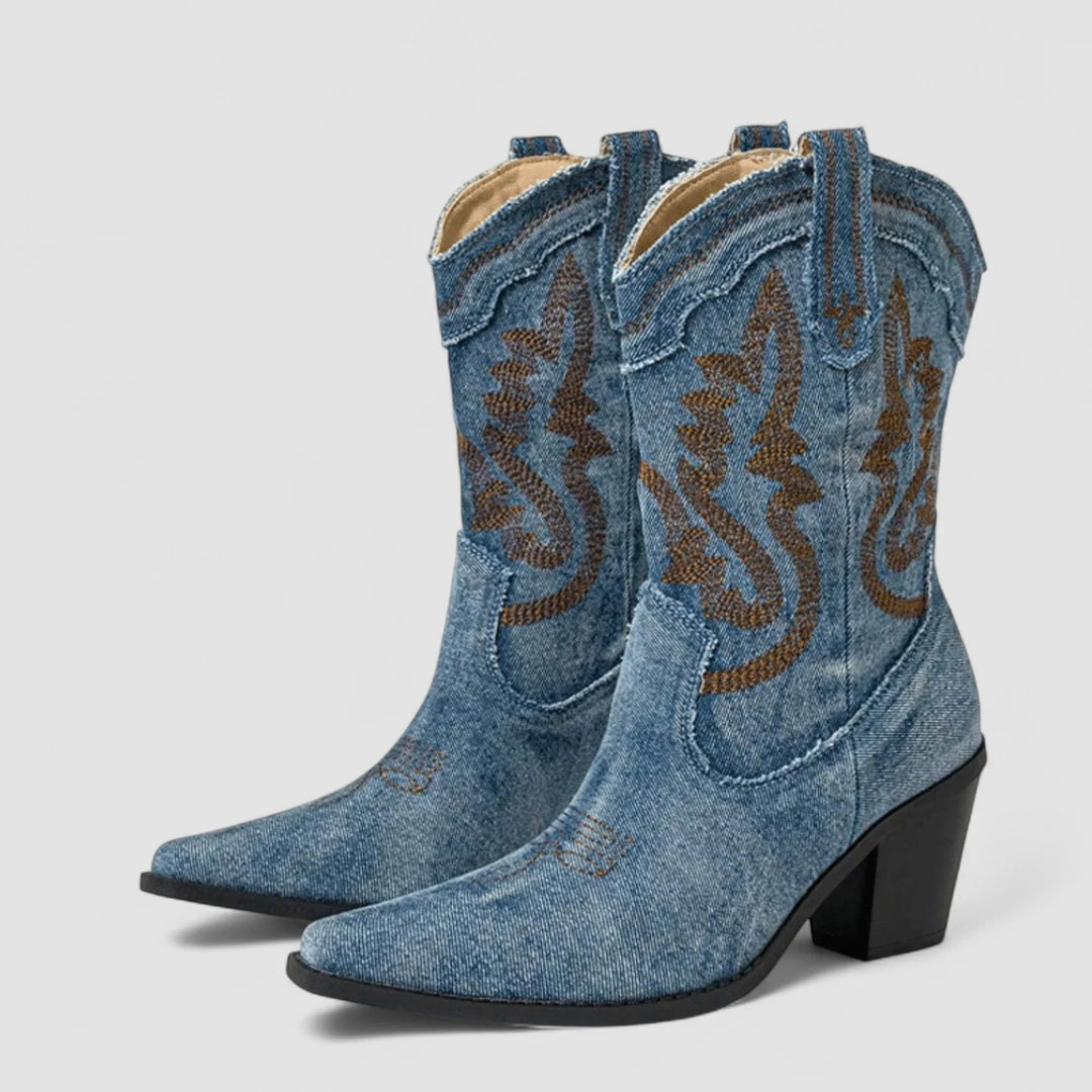 Selena | Denim Ankle Boots with Block Heel